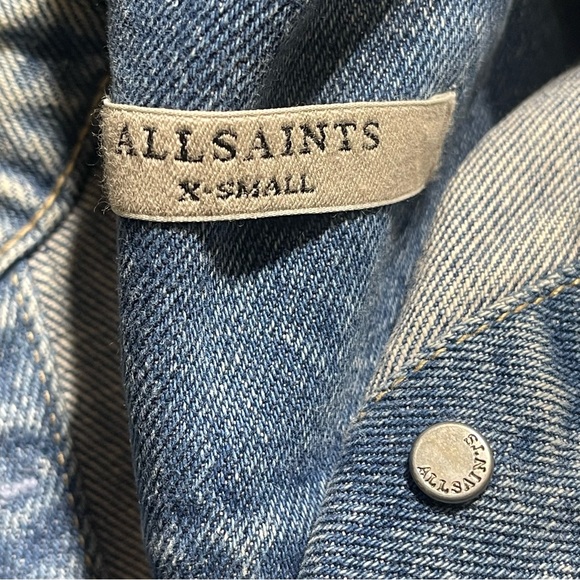 ALLSAINTS Denim Jacket Raw Hem Embroidered Sleeves Ribbed Size XS Washed Blue - Picture 5 of 9